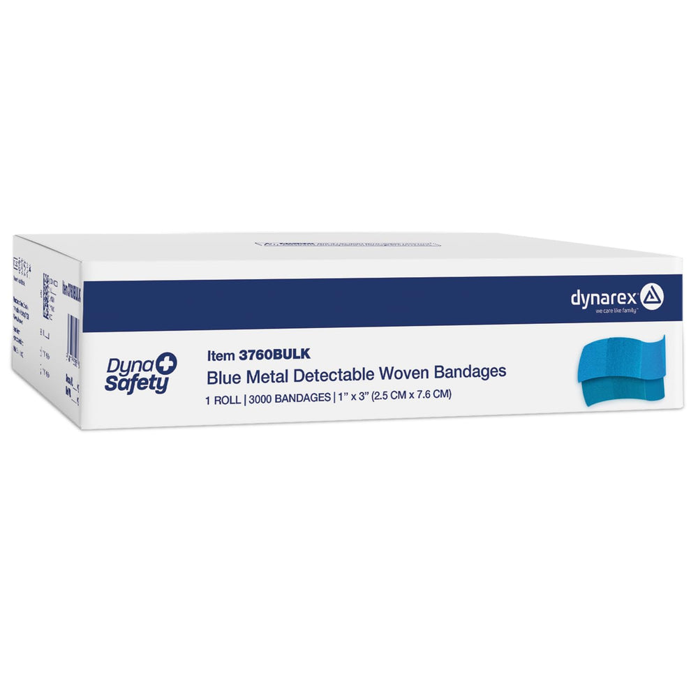 Dynarex blue metal-detectable bandages with foil strip for easy detection in controlled environments.