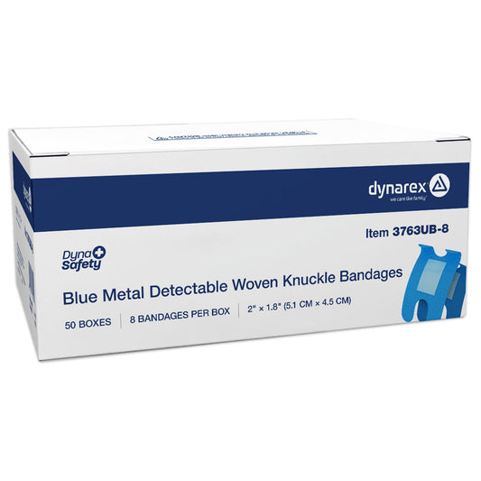 Dynarex blue metal-detectable knuckle bandages close-up with secure knit protection.