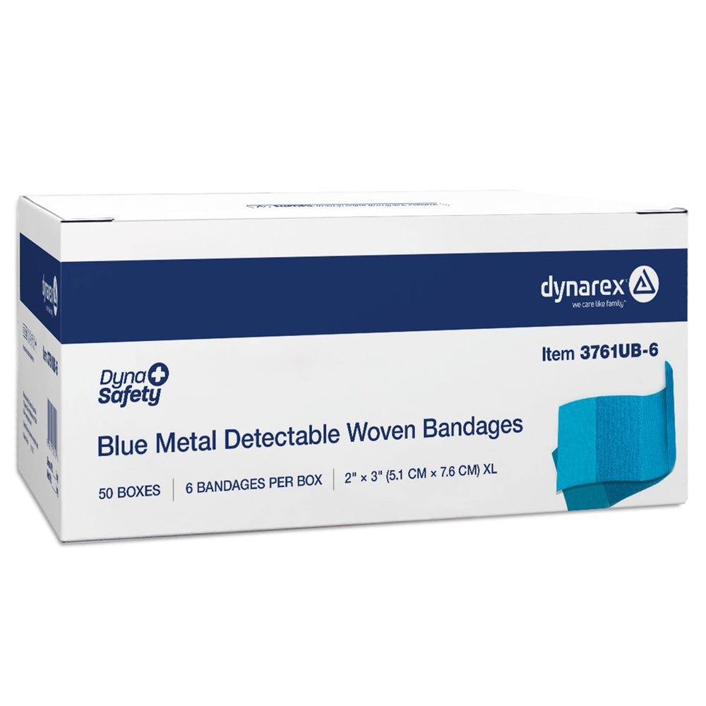 Dynarex blue metal-detectable bandages pack front view for quick restocking