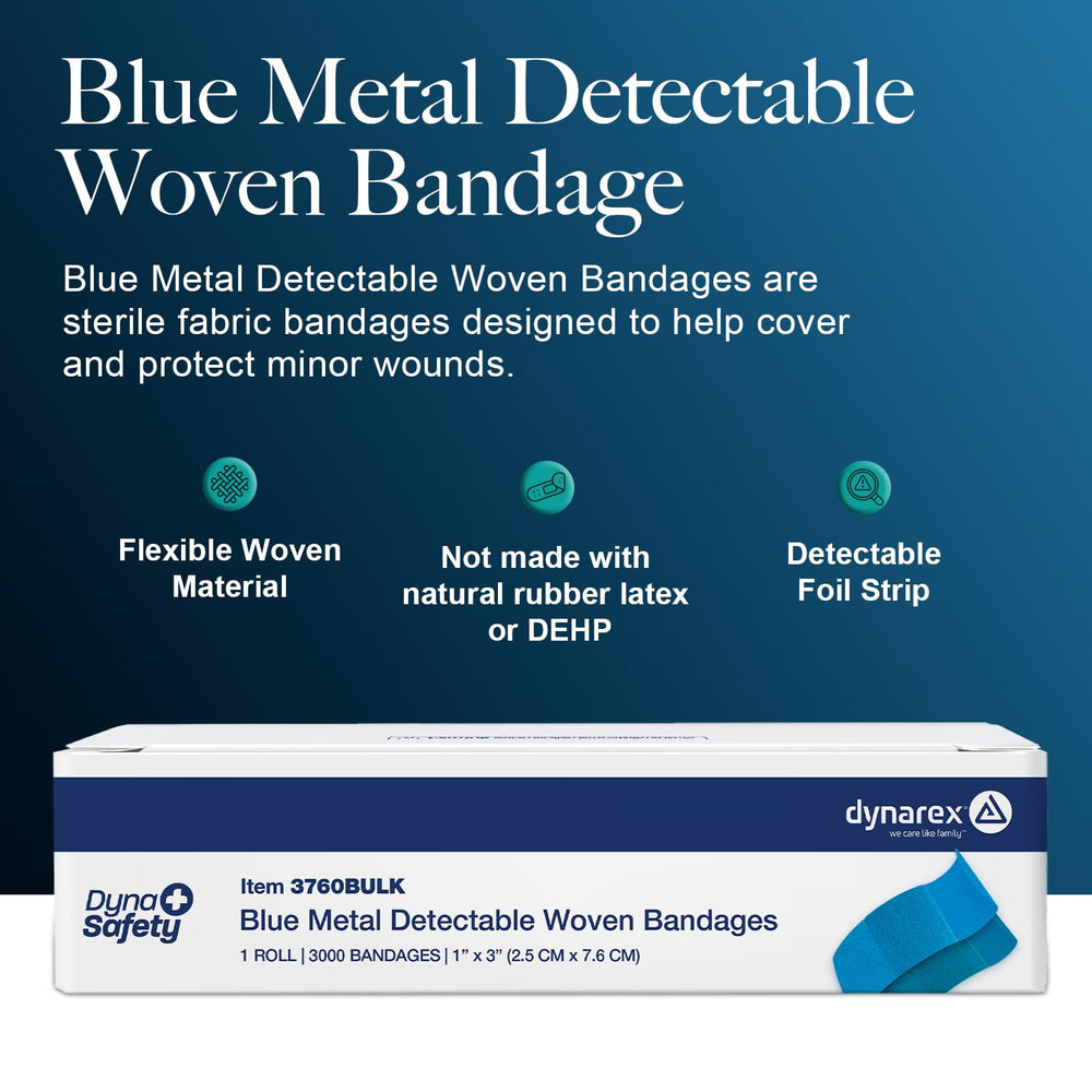 Blue woven Dynarex bandages provide clear visibility for safety checks at work.