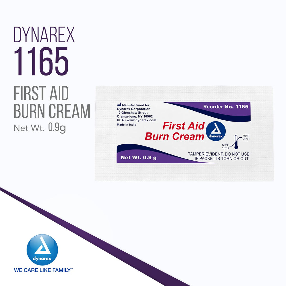 Dynarex burn cream 0.9g packet close-up shows hygienic foil wrap