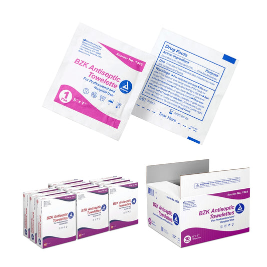 Dynarex BZK antiseptic towelettes packaging image highlighting portable on-the-go protection.