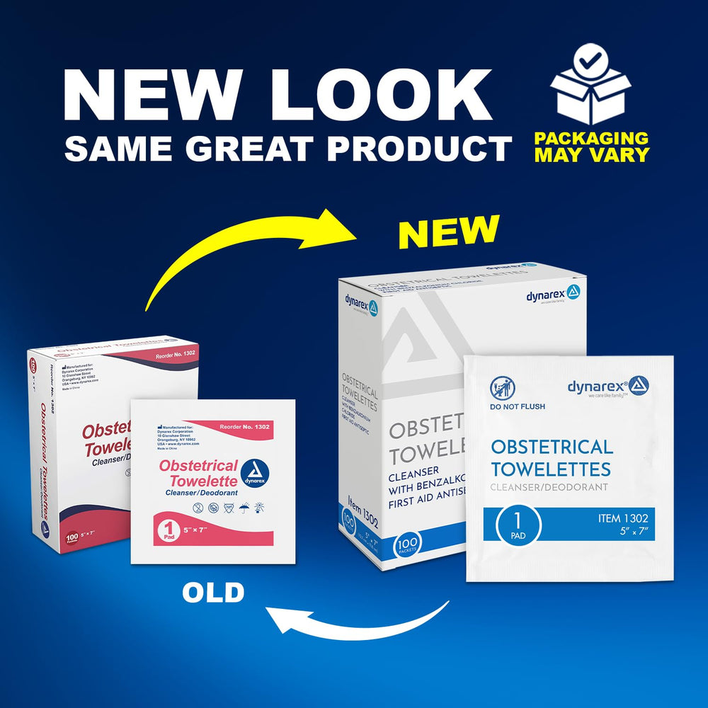 Dynarex obstetrical towelettes with soft texture for gentle single-use cleansing.