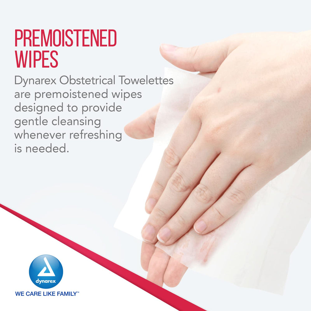 Dynarex obstetrical towelettes pack opening shot highlighting single-use convenience.