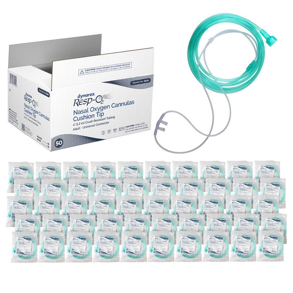 Dynarex Resp-O2 nasal cannula with cushion tip for gentle comfort and reduced facial pressure.
