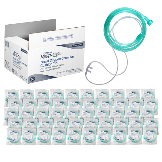Dynarex Resp-O2 nasal cannula with cushion tip for gentle comfort and reduced facial pressure.