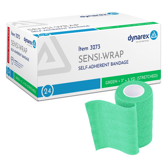Dynarex Sensi-Wrap self-adhesive bandage on arm for secure, skin-friendly hold.