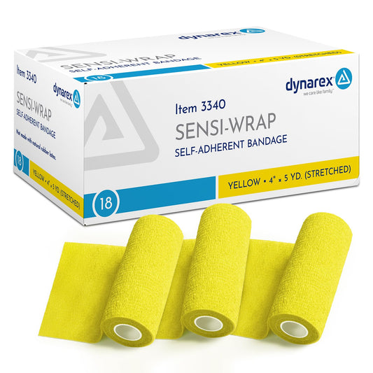 Dynarex Sensi-Wrap self-adhesive bandage in yellow provides secure wrap without clips.