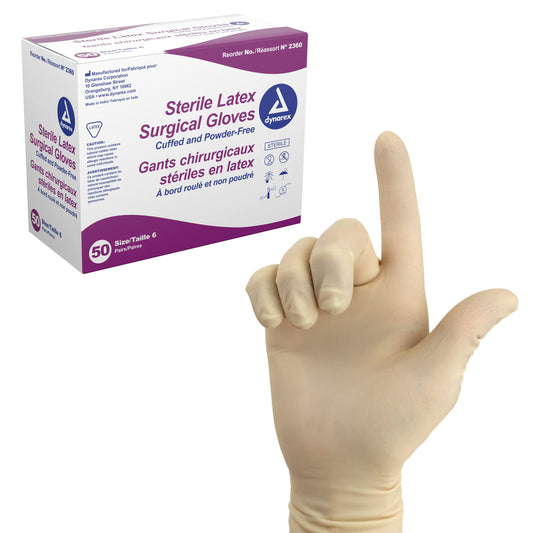 Dynarex sterile latex surgical gloves in a wallet pack for quick access