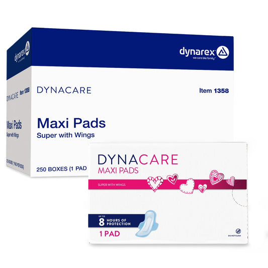 Dynarex Super Maxi Pads with Wings packaging showing discreet protection and daily convenience
