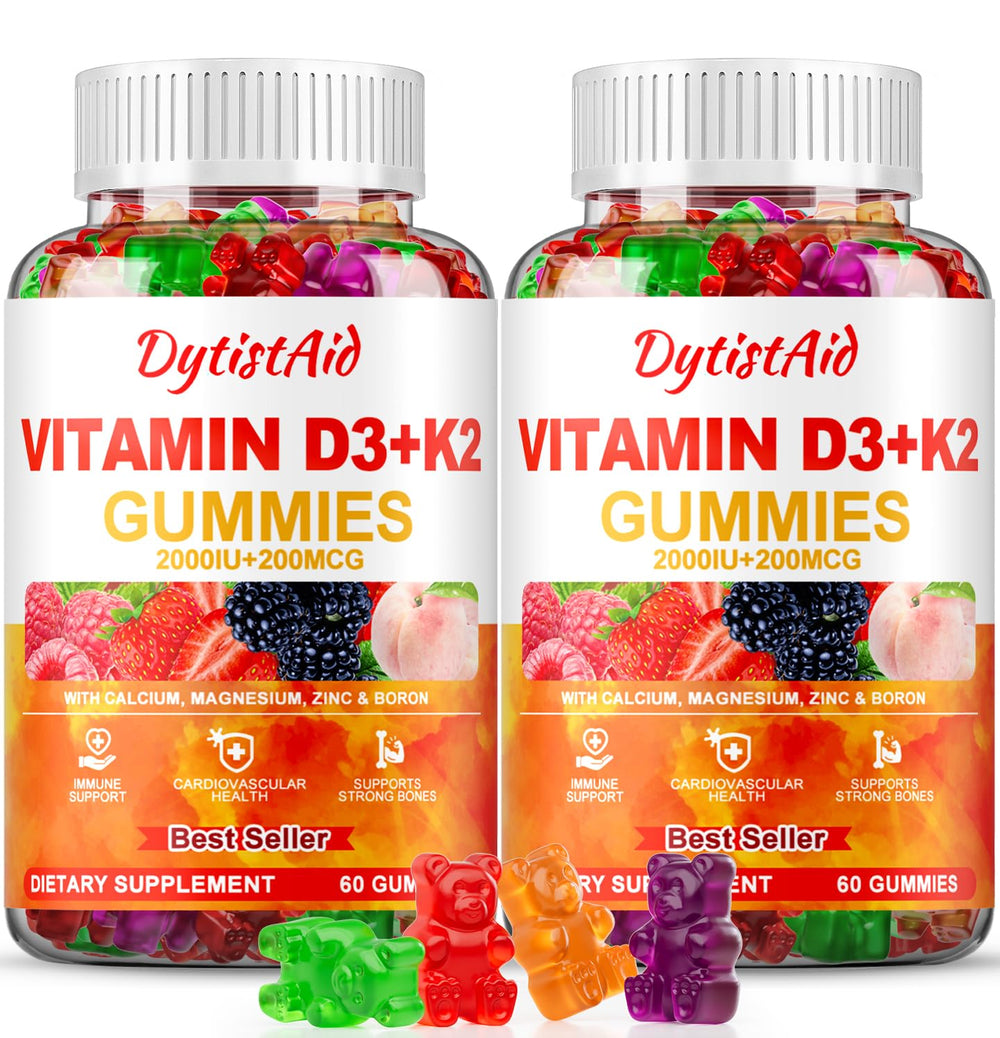 DytistAid Vitamin D3+K2 Gummies bottle front highlights vegan, sugar-free daily immune and bone support.
