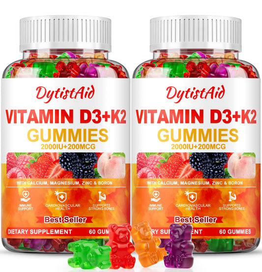 DytistAid Vitamin D3+K2 Gummies bottle front highlights vegan, sugar-free daily immune and bone support.