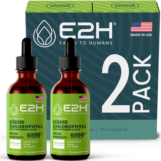 E2H Chlorophyll liquid drops bottle pour for a natural energy boost.