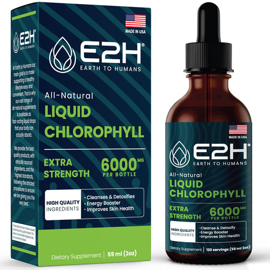 E2H Chlorophyll liquid drops bottle—compact 2 oz for daily greens.