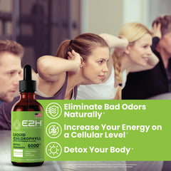 E2H Chlorophyll drops added to water for a green daily ritual.