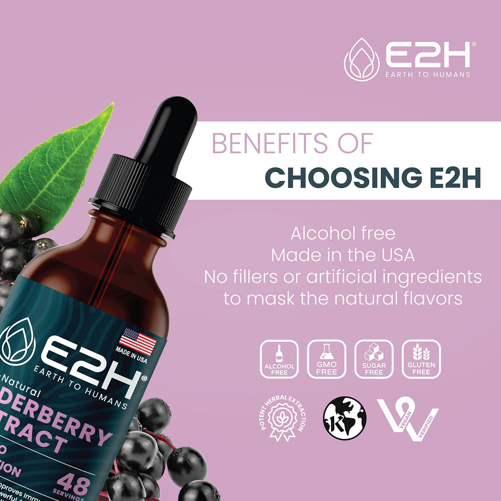 E2H Elderberry Syrup pour-closeup shows convenient dosing for adults and kids.