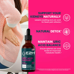 E2H Uric Acid Support bottle close-up with vegan formula label