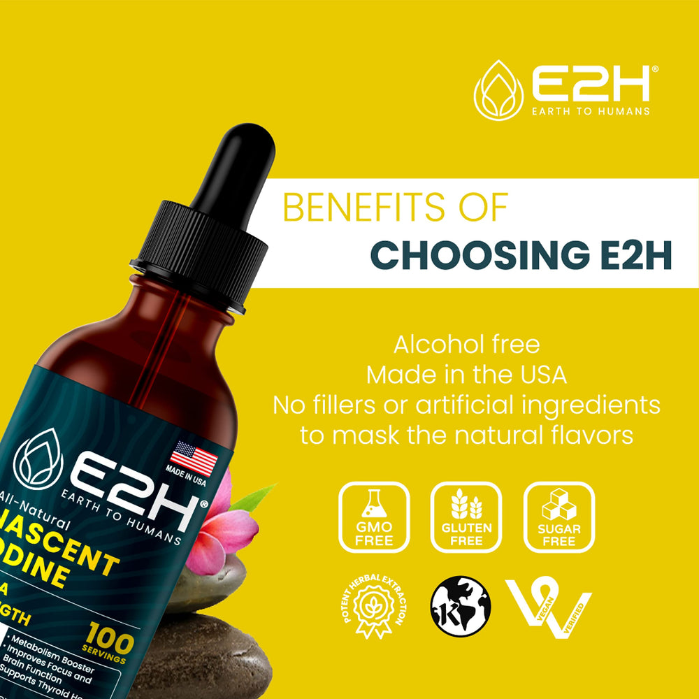 E2H packaging highlights vegan, non-GMO, and US-made quality.