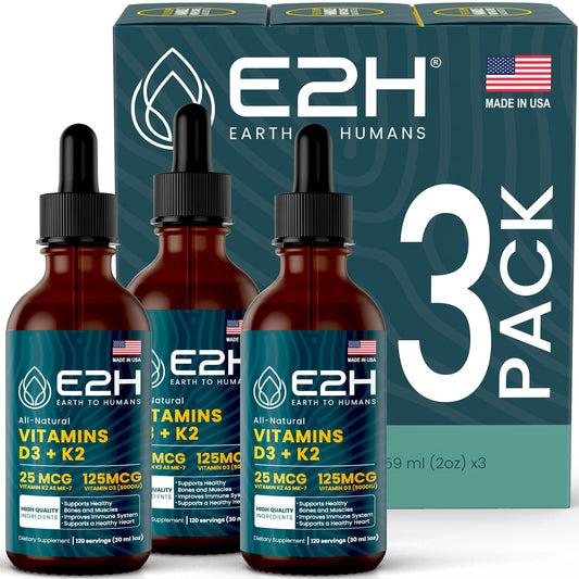 E2H Vitamin D3 & K2 bottle front supports bone and muscle health.