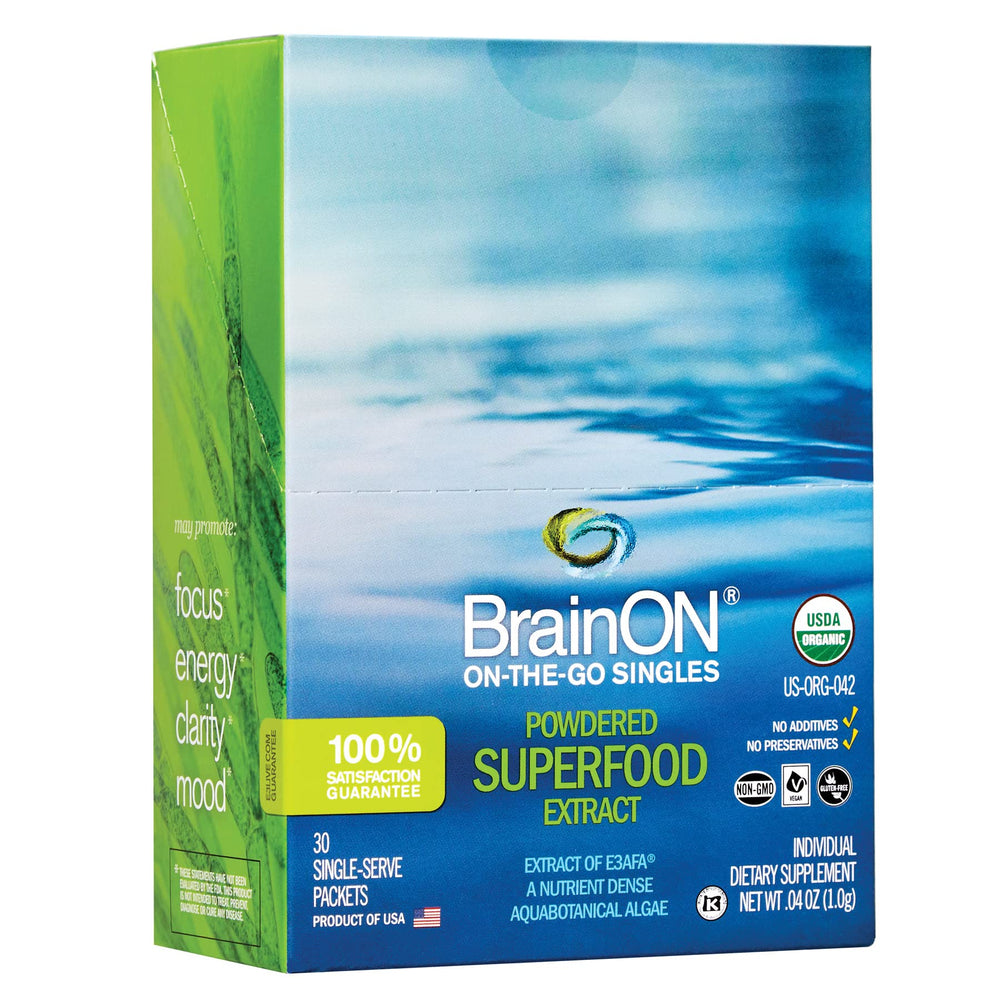 E3LIVE BrainOn on-the-go singles package front showing convenient brain support on the move.