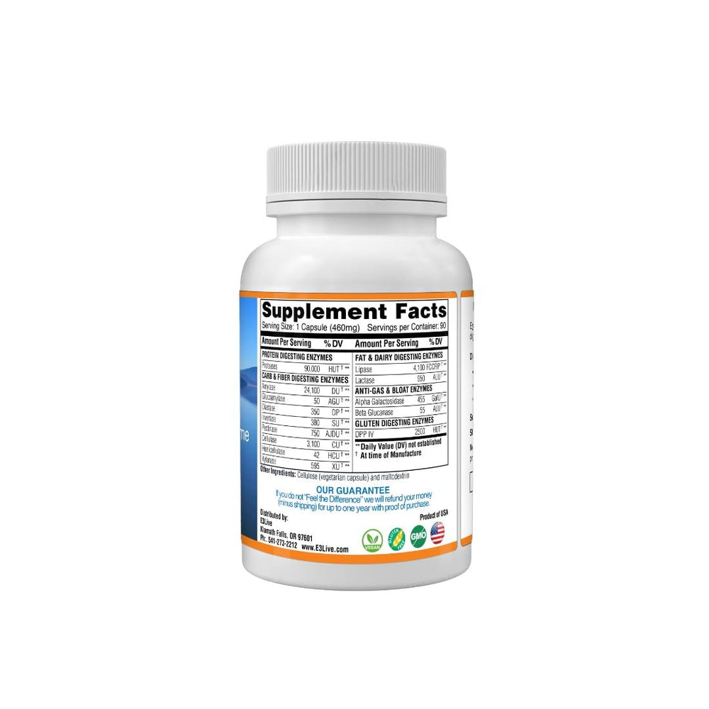 Close-up of vegetarian capsules from E3LIVE E3 Enzymes supporting protein and carbohydrate digestion