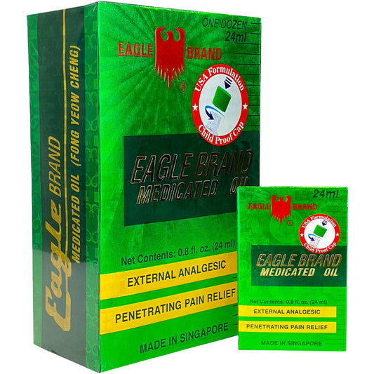 Eagle Brand natural medicated oil green bottle close-up for on-the-go relief.
