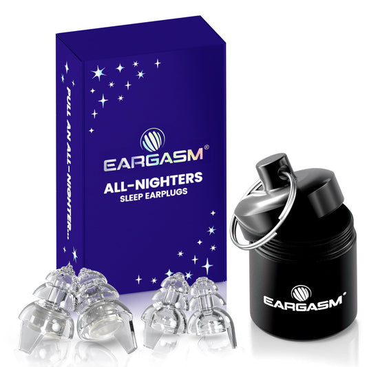Eargasm All-Nighters earplugs in a sleek travel case for portable noise reduction.
