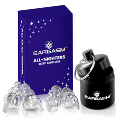 Eargasm All-Nighters sleep earplugs case keeps them organized for travel and bedside use.
