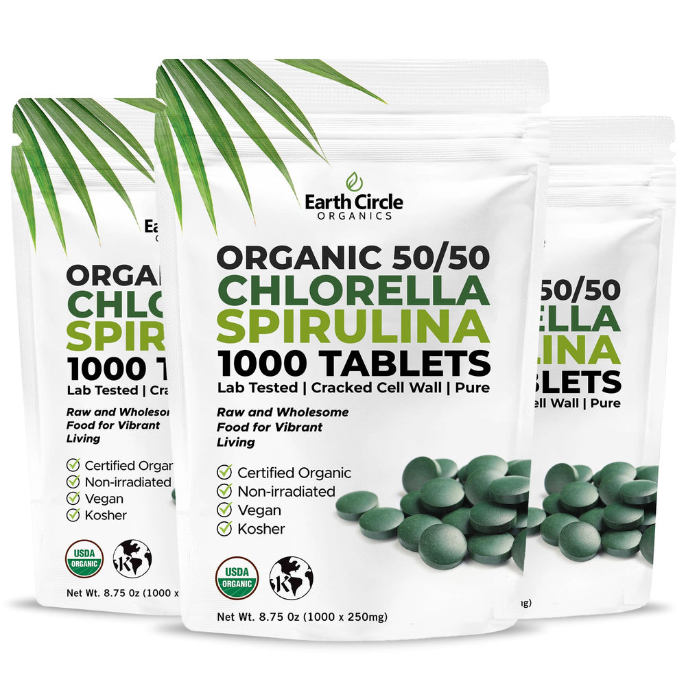 Earth Circle Organics chlorella-spirulina bottle for convenient daily vegan nutrition.