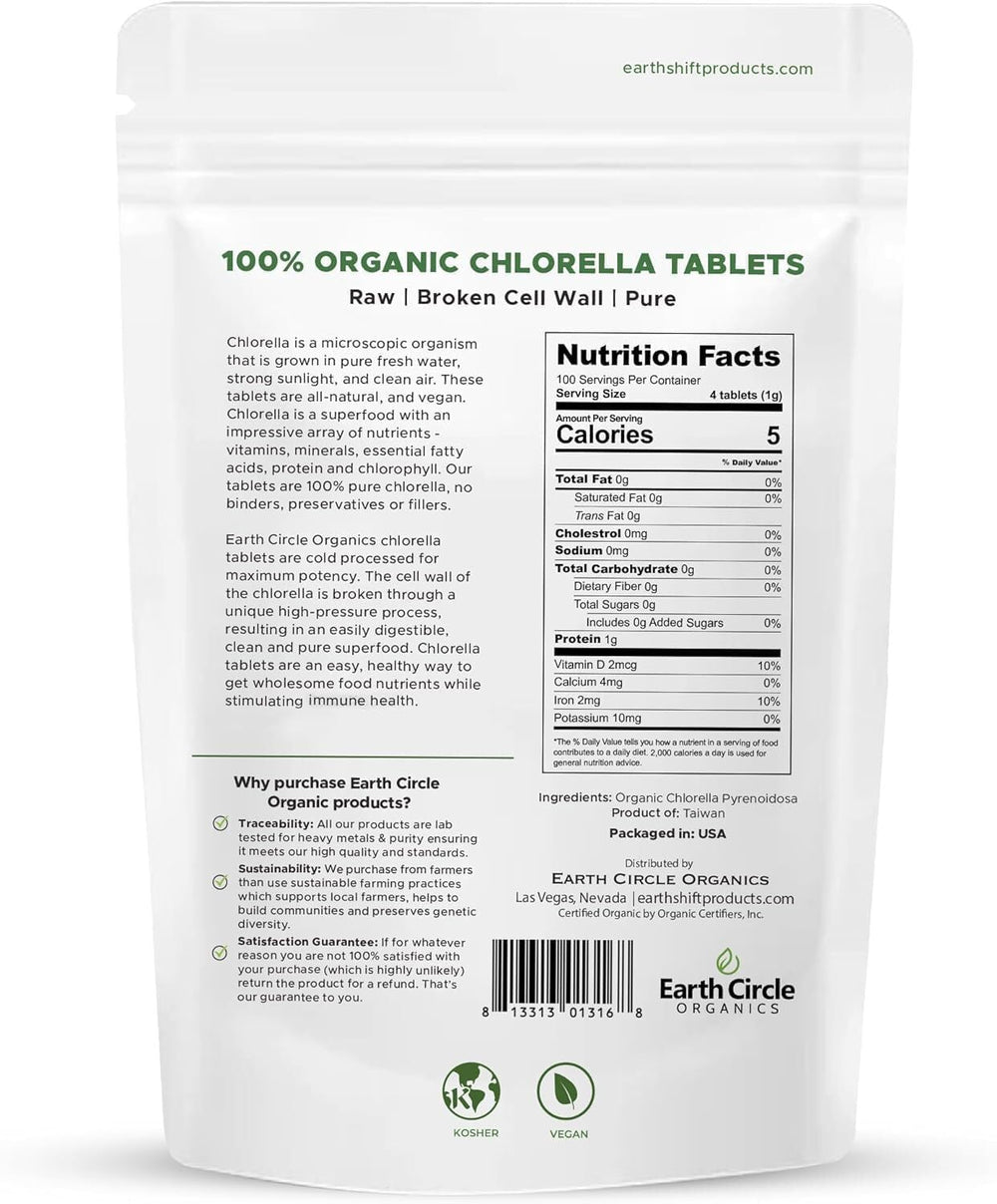 Earth Circle Organics chlorella tablets broken cell wall design for absorption.