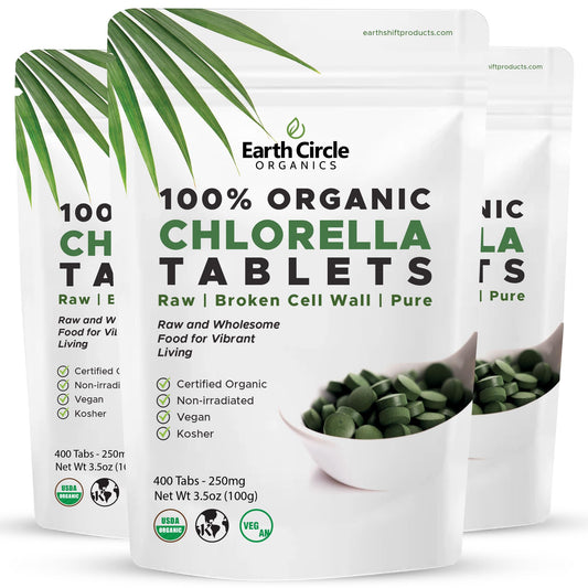 Earth Circle Organics chlorella tablets front view in a 400-count pack.