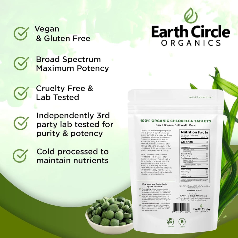 Earth Circle Organics chlorella tablets sustainably sourced from Taiwan farms.
