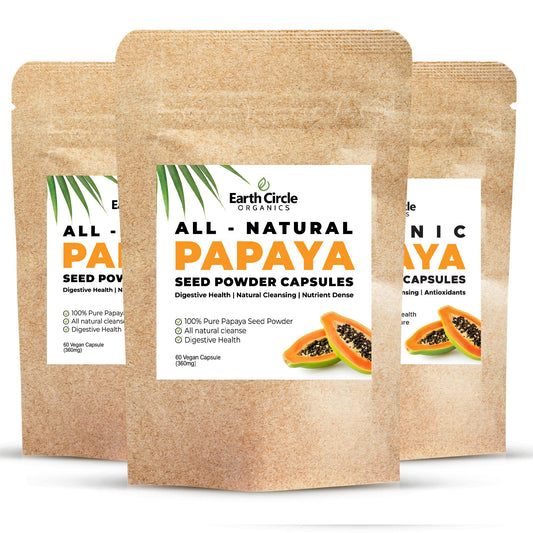 Earth Circle Organics papaya seed capsules packaging shows premium gut-friendly supplement