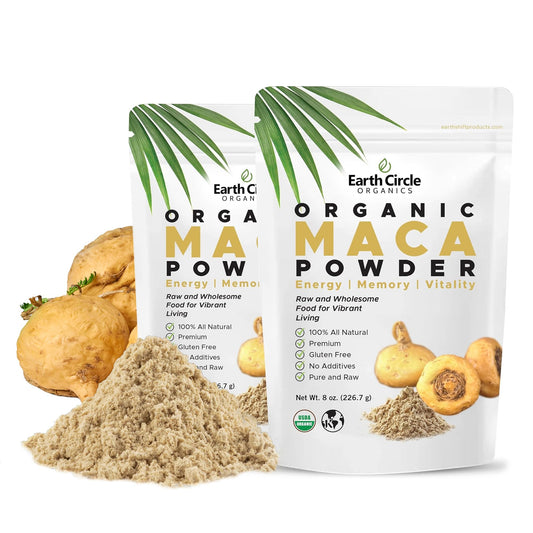 Earth Circle Organics Yellow Maca Powder packaging highlights premium quality and sustainability for energy-friendly routines.