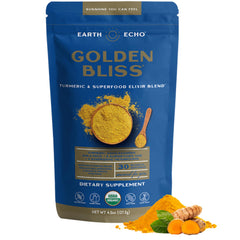Earth Echo Golden Bliss bottle pour showcases a calming evening ritual with turmeric and ginger
