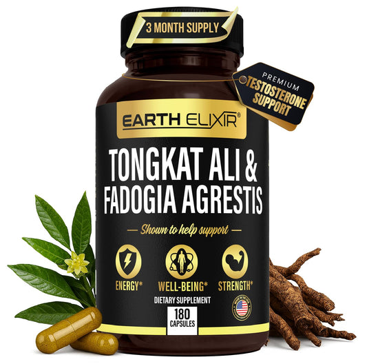 Earth Elixir bottle with fadogia and tongkat capsules for natural energy support