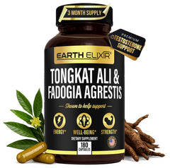 Earth Elixir bottle with fadogia and tongkat capsules for natural energy support