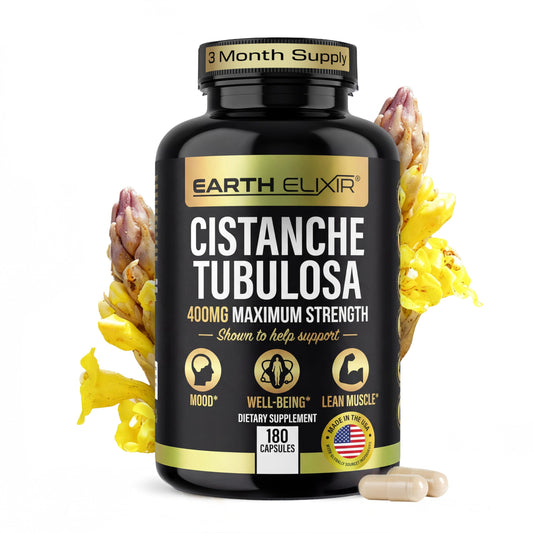 Earth Elixir Cistanche supplement bottle supports daily vitality with a clean capsule routine.
