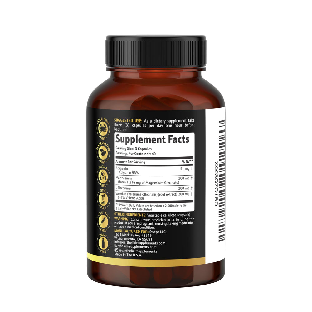 Earth Elixir ingredients panel highlights apigenin, magnesium, and valerian blend.