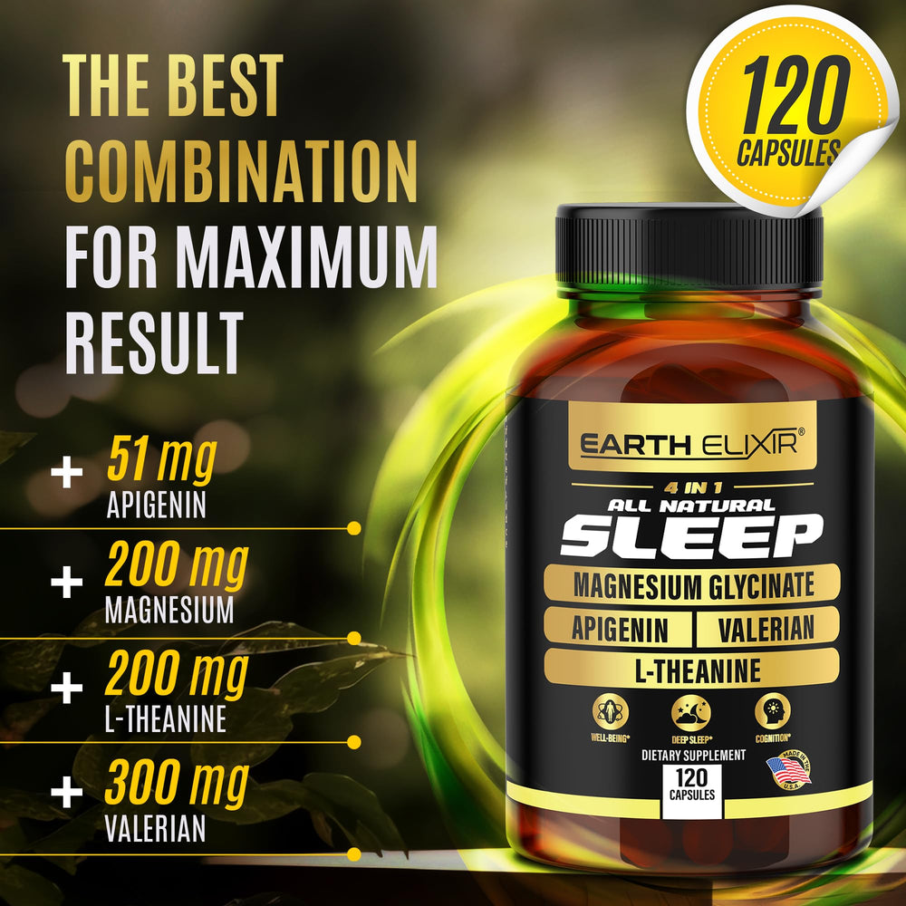 Earth Elixir L-Theanine capsules promote relaxed focus for bedtime routines.