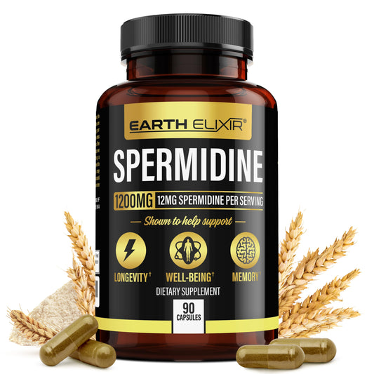 Earth Elixir Spermidine bottle pour shows a 12 mg serving from fermented wheat germ.
