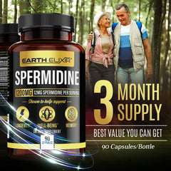 Earth Elixir Spermidine packaging notes gluten-free and non-GMO safety.