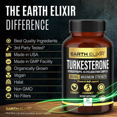 Earth Elixir Turkesterone third-party testing seal demonstrates transparency.