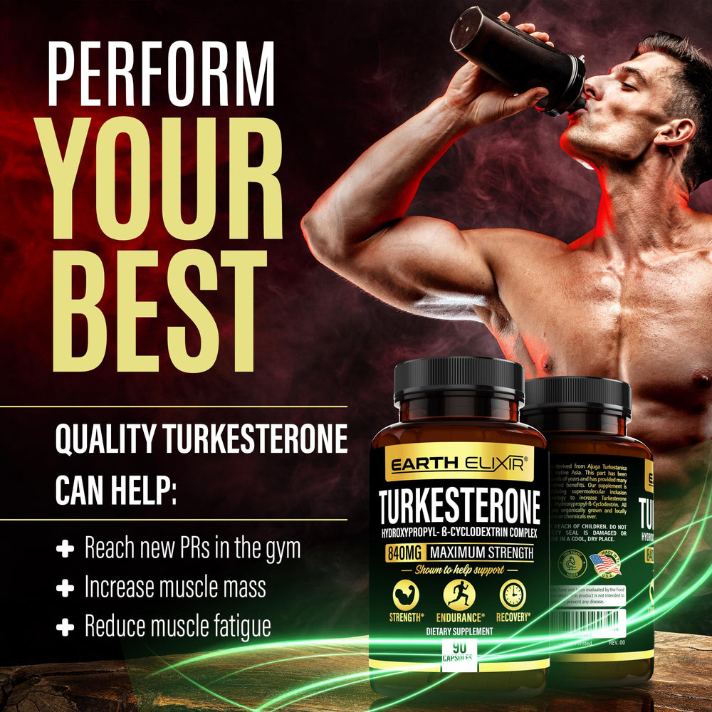 Earth Elixir Turkesterone USA-made stamp emphasizes quality and safety.