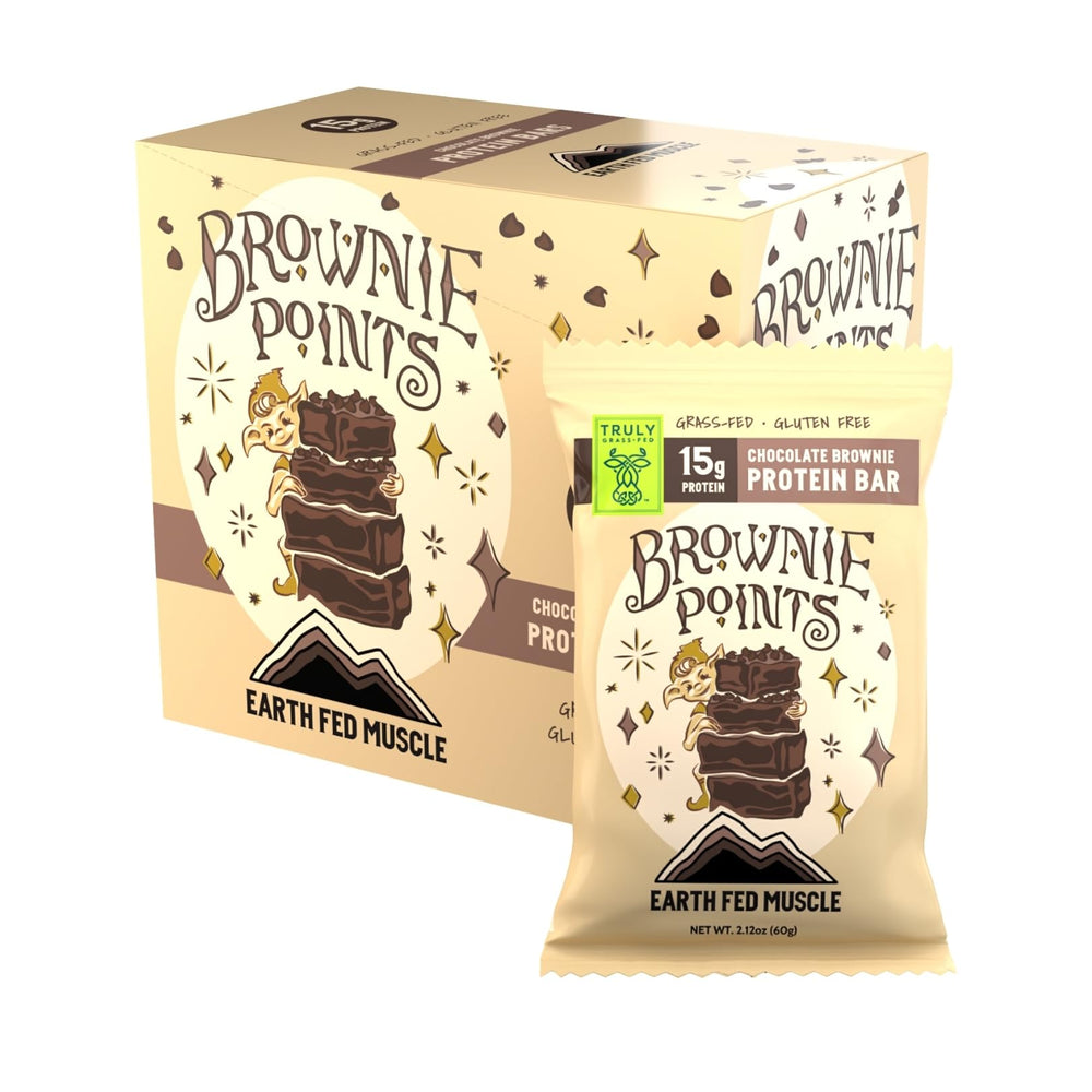 Earth Fed Muscle Brownie Points bar close-up chocolate, highlighting rich flavor and 15g protein per bar.