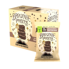 Earth Fed Muscle Brownie Points bar close-up chocolate, highlighting rich flavor and 15g protein per bar.