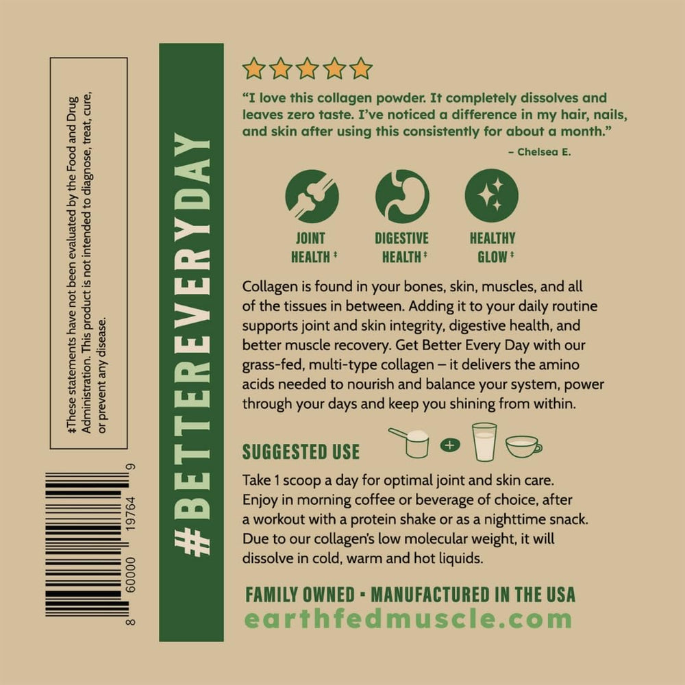Earth Fed Muscle collagen powder glass bottle scene communicates clean, safe protein source.