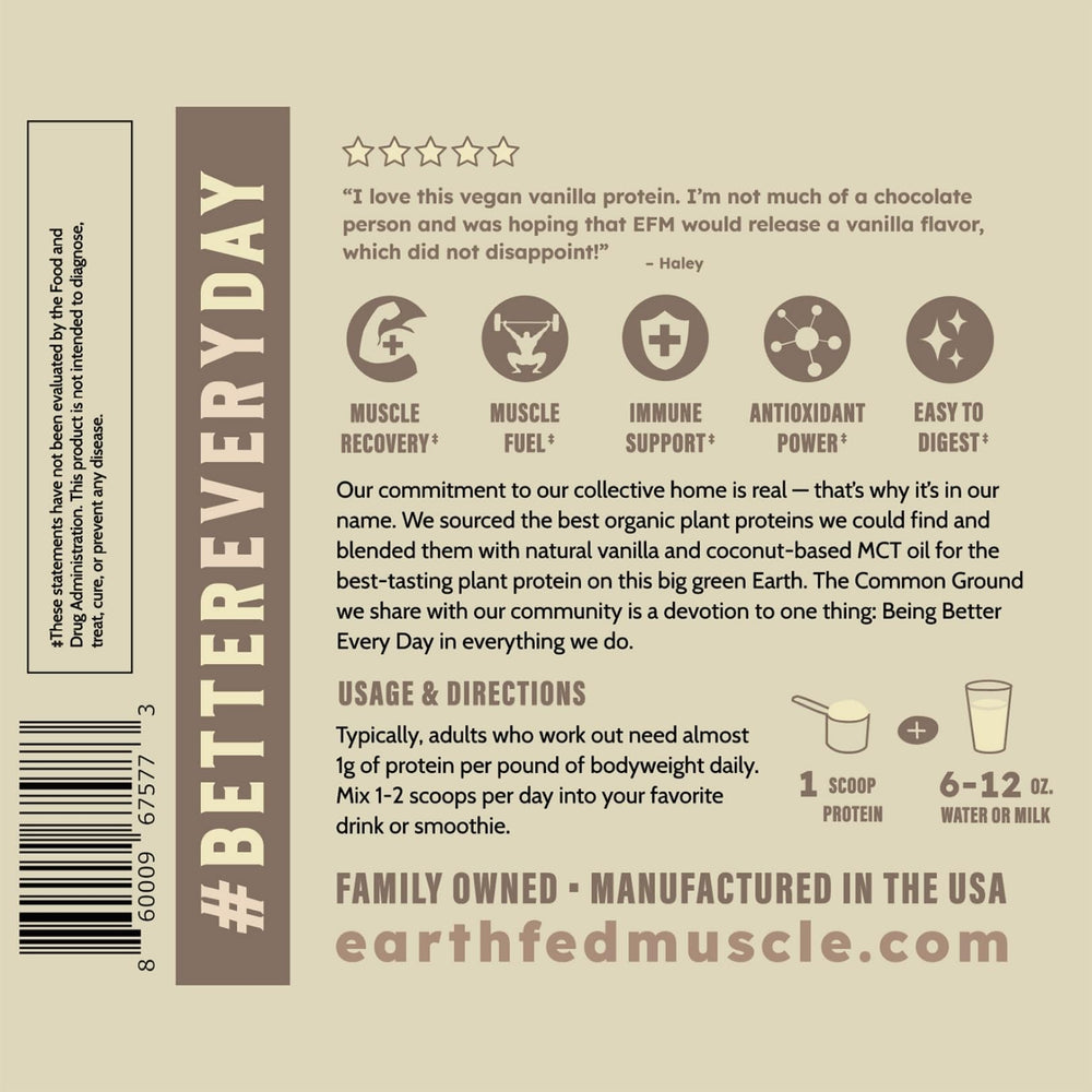 Earth Fed Muscle Common Ground Vanilla bottle on a kitchen counter