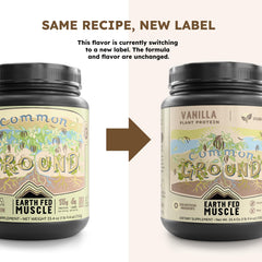 Earth Fed Muscle Common Ground Vanilla protein powder jar front highlighting vanilla flavor