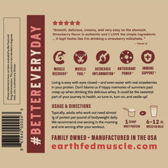 Earth Fed Muscle gluten-free soy-free packaging: inclusive protein option for dietary needs.